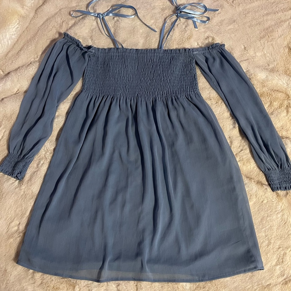 Zara Blue Smocked off the shoulder dress